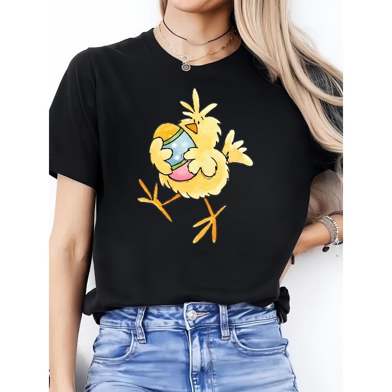 Casual T-Shirts for Women And Men Featuring an Adorable Yellow Chick with an Easter Egg, Designed with a Charming Easter Theme