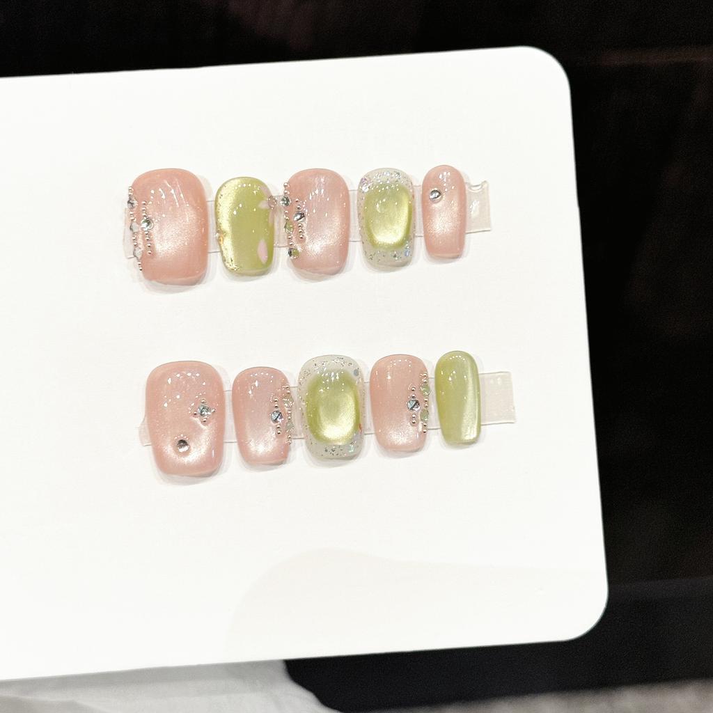 10Pcs Colorful Nail Tips Summer Cat's Eye Glitter Fake Nail Patches Reusable Short Square Head Handmade Press on False Nails
