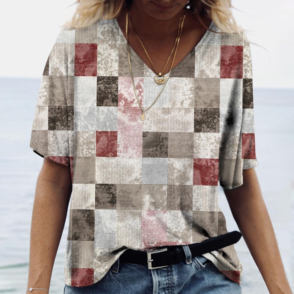 Vintage Plaid Print Women's T-shirt Hot Blouse Summer V-Neck Casual Short Sleeve Tees Female Oversized Tops Daily Clothing