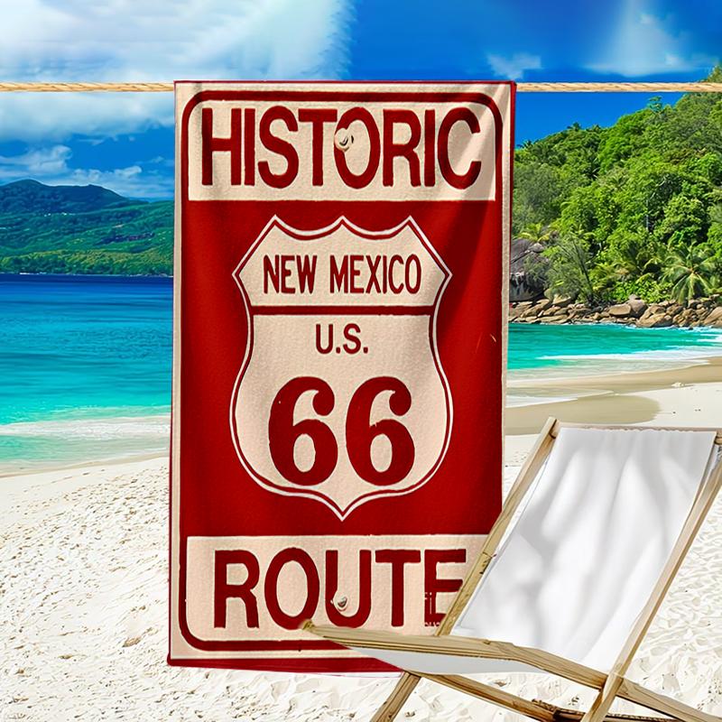 proof beach towel with a U.S. Route 66(0) pattern - soft,absorbent,quick-drying,machine washable - perfect for swimming,camping,bathing