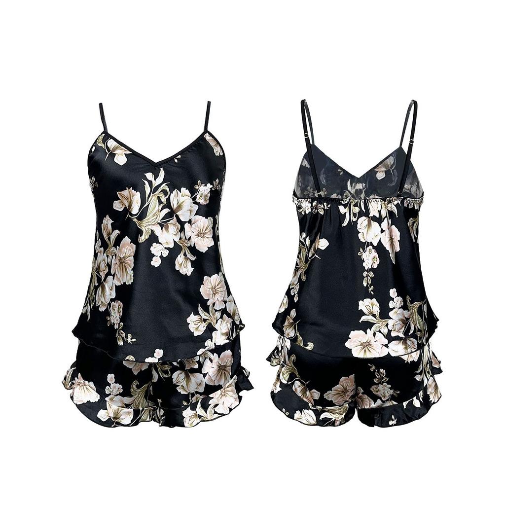 Pajamas For Women Set Satin 2 Piece Silk Camisole Top And Shorts Casual Fashion Ruffle Soft Sleepwear