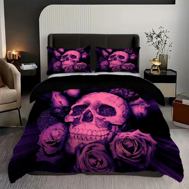 Violet Rose Golden Skull Pattern 3D Print Duvet Cover Halloween Gothic Style Bedding Set With Pillowcase Polyester Quilt Cover