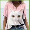 Summer 3D T-shirt Short Sleeved Cat Print Women's V-neck T-shirt