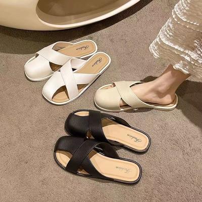 Тапочки женские носят на низком каблуке и на одной педали мягкая подошва новые летние тапочки с закрытым носком с юбкой фея прохладные тапочки