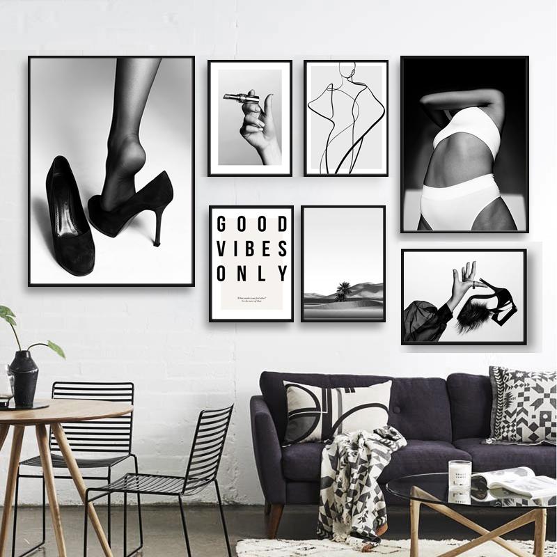Bikini High Heels Lady Fashion Quote Poster  Black White Sexy Woman Canvas Print Painting LivingRoom Wall Art Decoration Picture