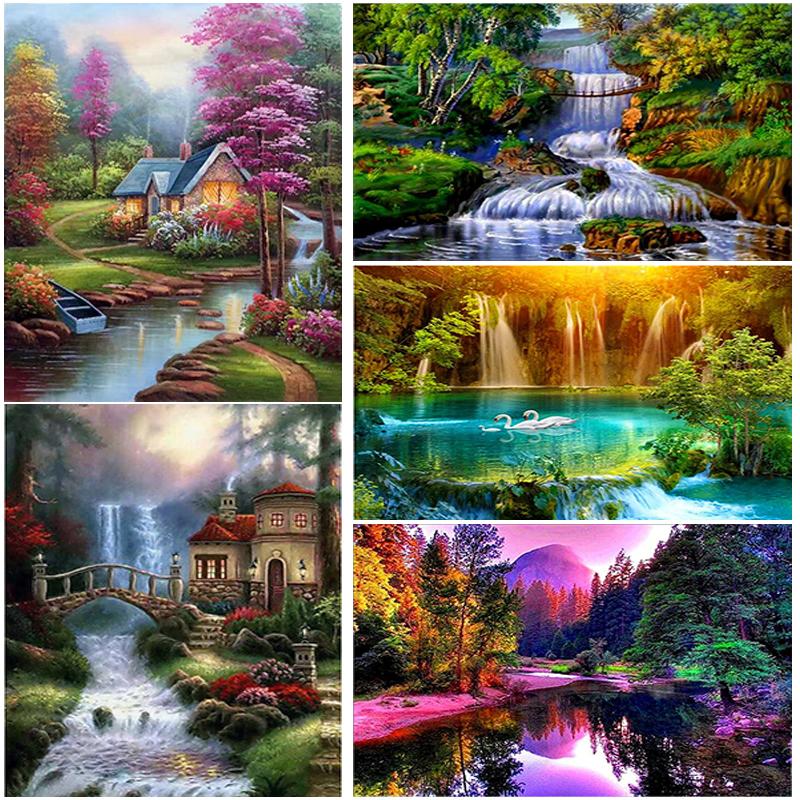 DIY Waterfall 5D Diamond Painting Full Round Drill Mosaic Rhinestones Landscape Diamond Embroidery Cross Stitch Home Decor Gift