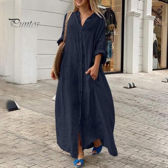 Spring Summer Women Dress Plus Size Loose Pure Color Single-breasted Pockets V Neck Long Sleeves Split Hem Soft Breathable Casual Ankle Length Maxi
