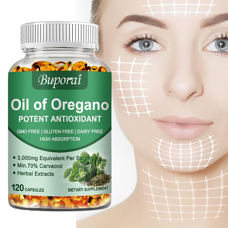 Buporai Oregano Oil Extract Capsules, 3000 mg per serving, provide immune support, enhance the immune system, and promote gut health.