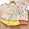 2Pcs/Set Baby Shirt Set Flower Print Breathable Sleeveless Girls Tops Shorts Kit for Summer