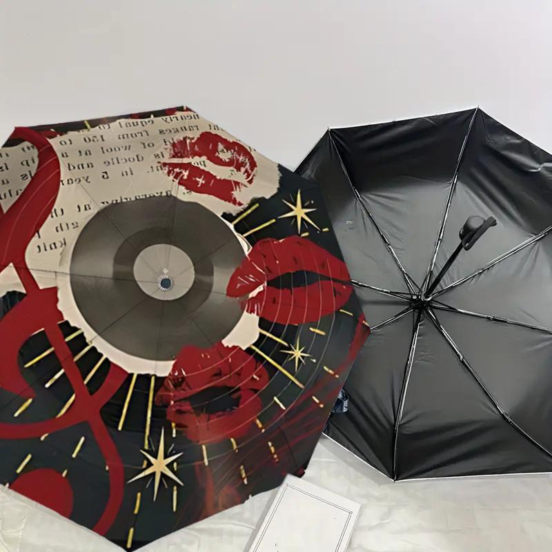 Music Notes&Kisses Vinyl Record Umbrella:Automatic Opening,Foldable Design,,Perfect Gift for Fans,Travelers,Everyday Use1121204a