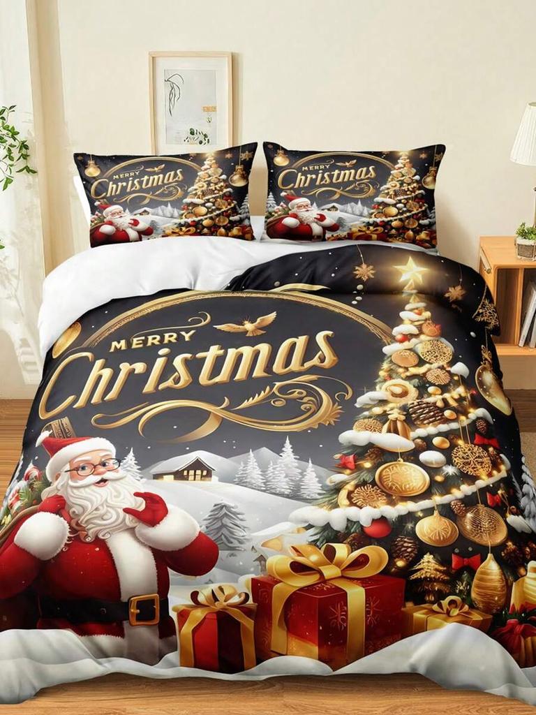 Рождественский постельный комплект Merry Christmas Набор пододеяльников, Рождественский принт 3 предмета Рождественские украшения для комнаты Набор чехлов для одеяла