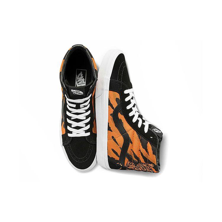 Vans Sk8 Reissue Tiger Embroidery Tiger Stripe Casual High-Top Skate Shoes Unisex Sneakers Black Orange VN0A2XSBORA