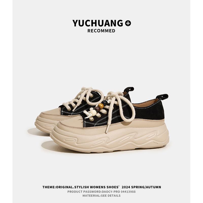 Губчатый торт толстая подошва первый слой коровья кожа повседневная обувь женская весна и осень нескользящая дышащая универсальная ретро спортивная обувь на платформе женская