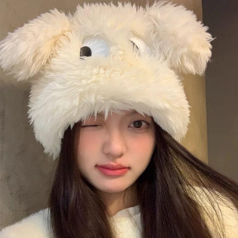 Cute Cartoon Puppy Hat for Women Korean Girl Sweet Big Eyes Plush Cap Winter Warm Outdoor Pullover Hats Fashion Knitted Caps
