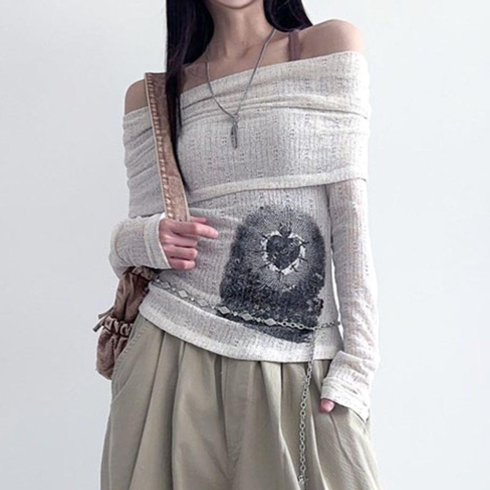 Прозрачная темная футболка с принтом Повседневная футболка с разрезом по горловине и длинным рукавом Женская мода Уличная одежда для женщин