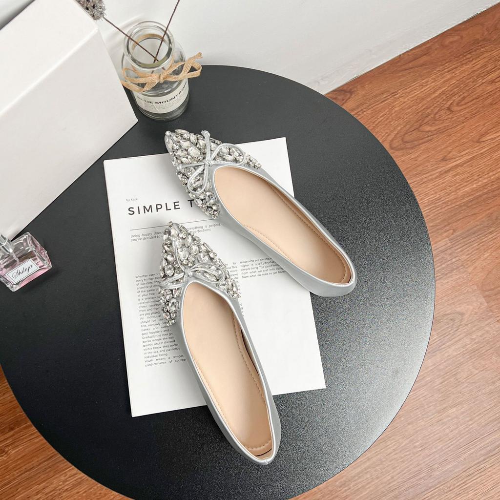 Autumn New Inner Heightening Shoes Women's Pointed Head Temperament Satin Bow Ladyshoes Rhinestone Shallow Mouth Flat Sole Shoes