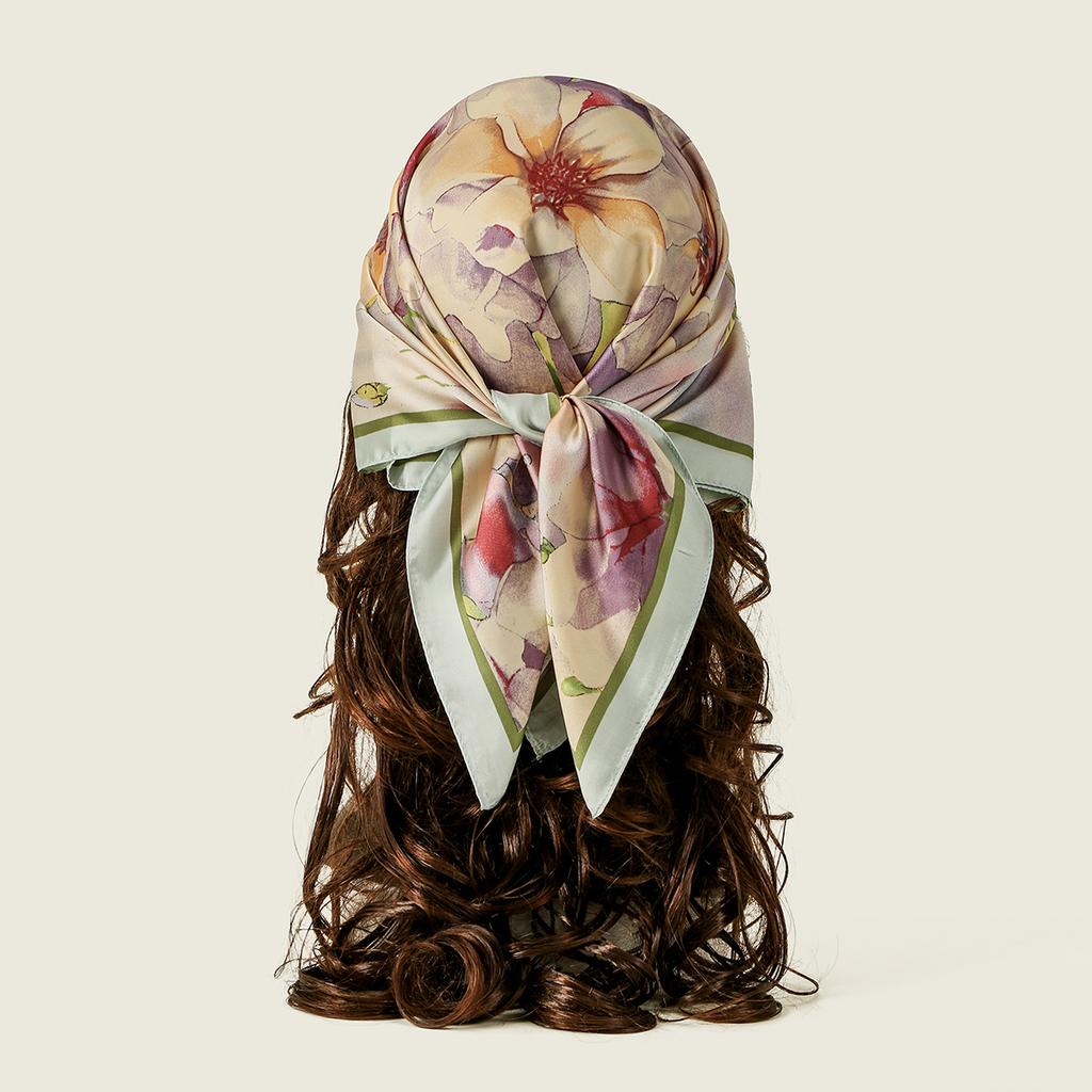 Chinese Style Flower Silk Shawl Print Headscarf Hair Wrap Neckerchief Female Satin Square Scarf For Women Headband Foulard Hijab