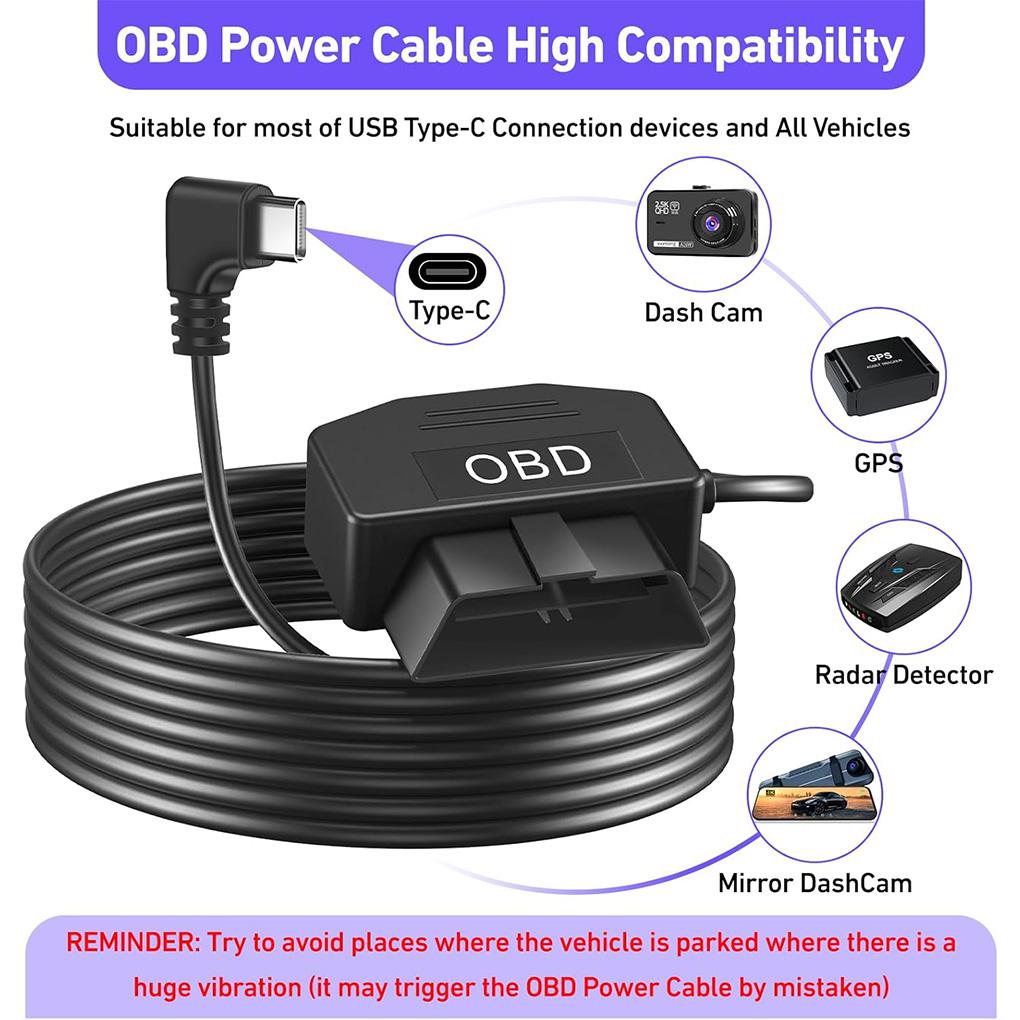 OBDII Power Cable For Dash Camera OBDII Power Cable OBD To Type-C Adapter 12-24V To 5V/3A Battery Protection