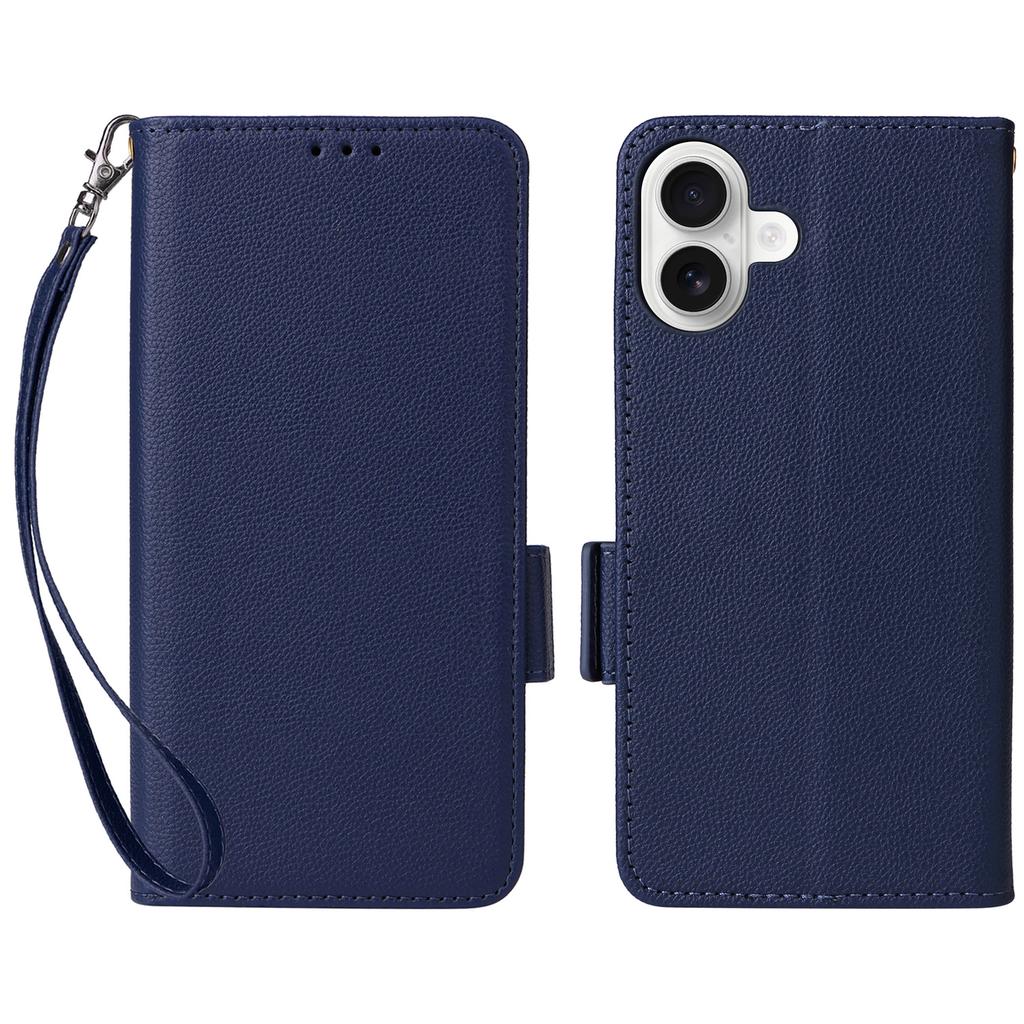 For iPhone 16 Plus Case with Wrist Strap Litchi Texture PU Leather Wallet Phone Cover