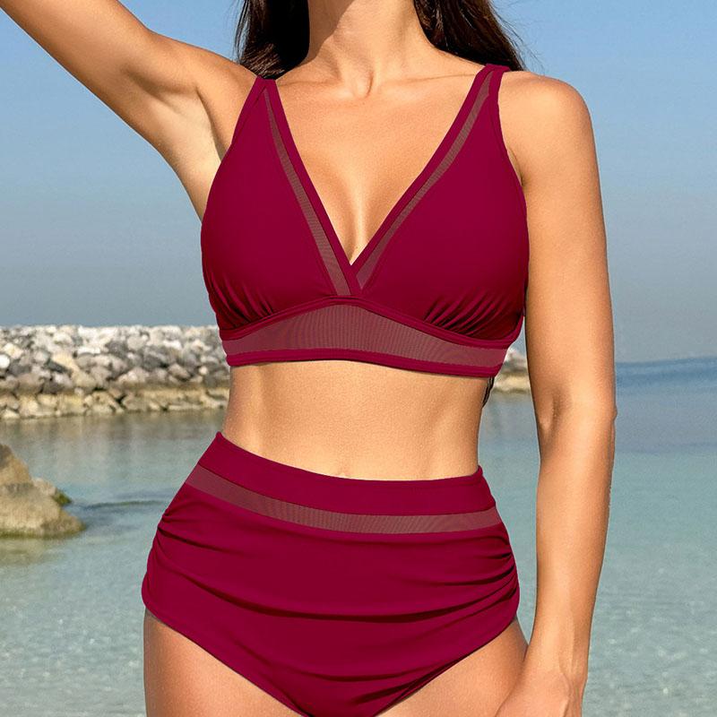 Женский купальник из 2 предметов, бикини с высокой талией, пуш-ап, комплект бикини, двухсекционный купальник с V-образным вырезом