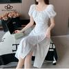 Summer French Style White Printed Waist Square Collar Puff Sleeve Dress Elegant Simple Split Long Dress