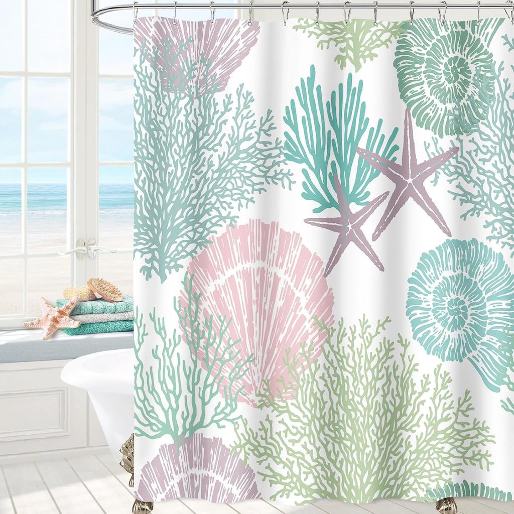 GAEBeach Ocean Themed Shower Curtain, Teal Blue Nautical Coastal Decor, Tropical Fabric Set with Hooks