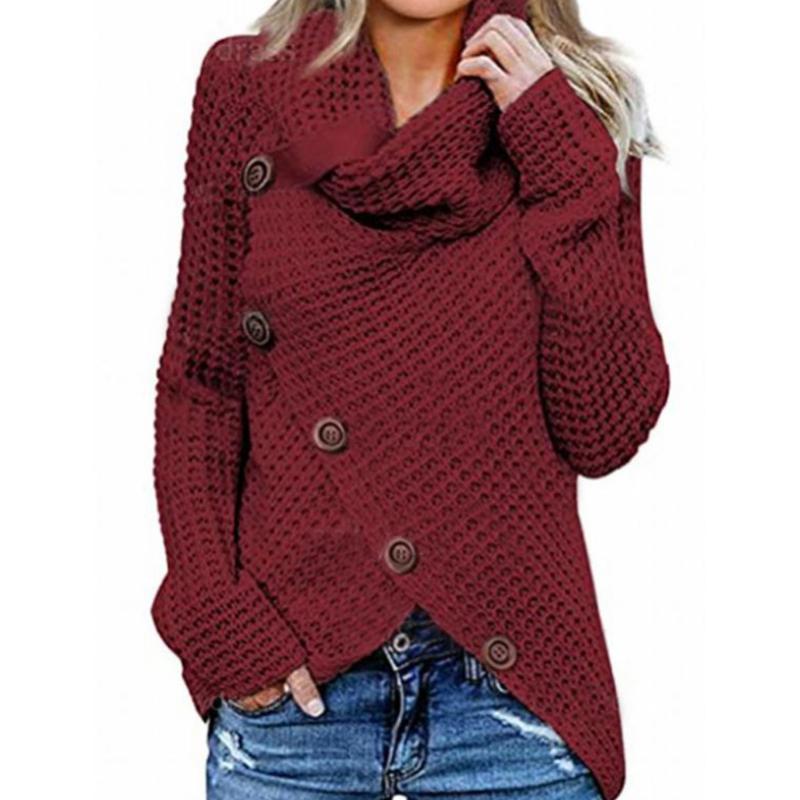 Осенне-зимняя мода, новый свитер с высоким воротником и длинным рукавом, нерегулярные пять косых пуговиц, трикотаж