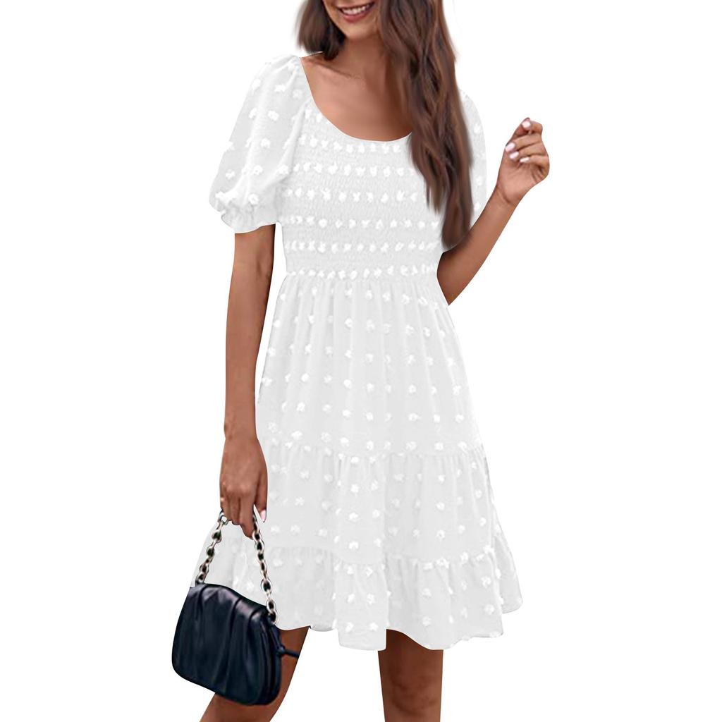 Женские модные повседневные однотонные платья с квадратным вырезом и коротким рукавом в горошек