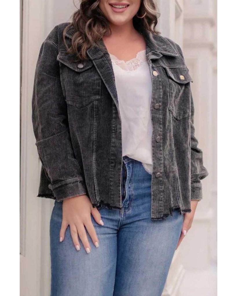 Azura Exchange Gray Plus Size Flap Pocket Raw Edge Corduroy Jacket