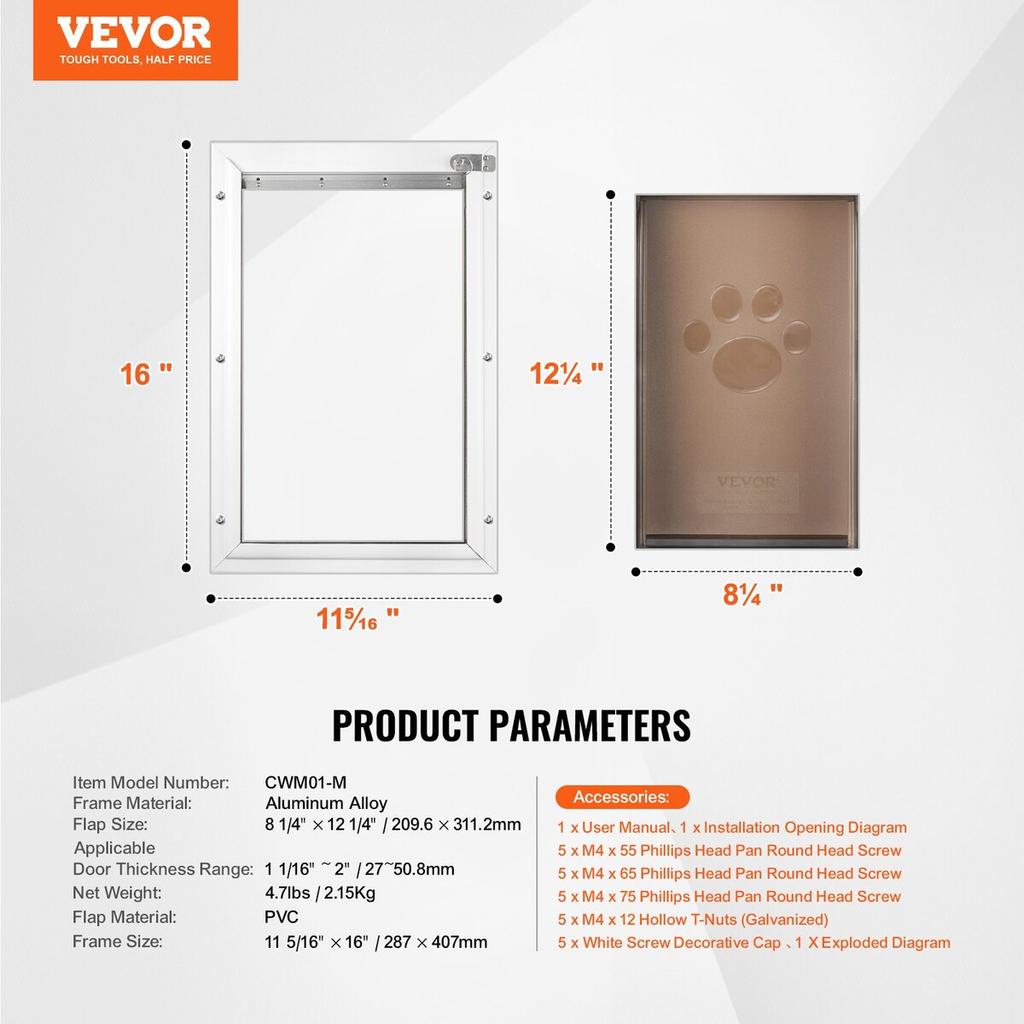 Pet Door for Door with Lock and Magnetic Flap System Aluminum Frame M