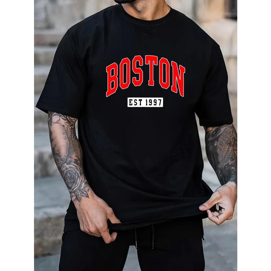 Модная высококачественная мужская летняя свободная футболка из 100% хлопка с принтом Boston, облегающая повседневная футболка с круглым вырезом и коротким рукавом