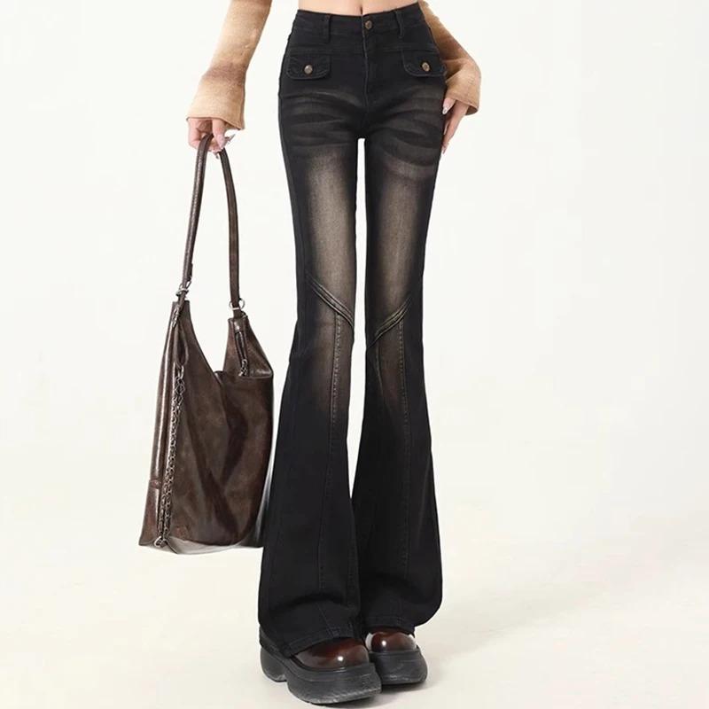 Женские джинсы с высокой талией, эластичные, широкие, женские, винтажные, облегающие, расклешенные брюки, женские, синие, черные, серые, джинсовые брюки, большой размер