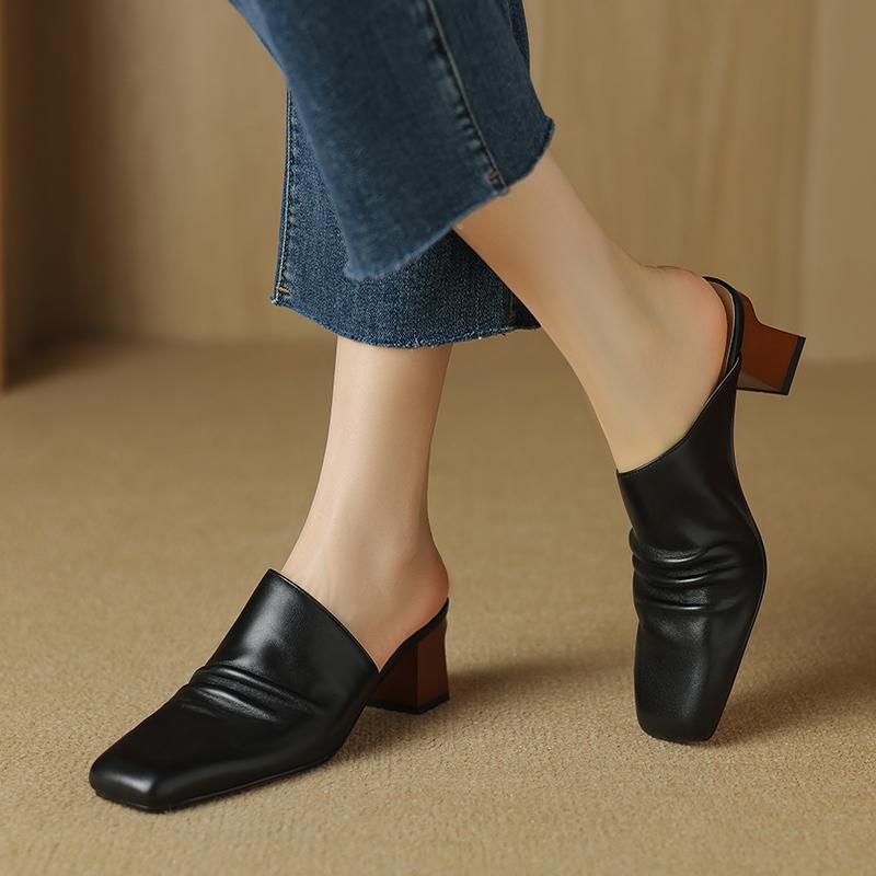 Мода 2025 Лето Новая Натуральная Кожа Ретро Полу-драг Мюли Женские Женские Высокий Каблук Квадратный Носок Повседневная Обувь Женские Шлепанцы