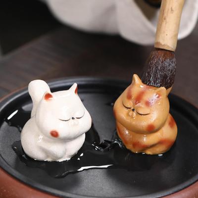 Глиняная фигурка кошки для любителей чая, маленькая скульптура для офиса и дома