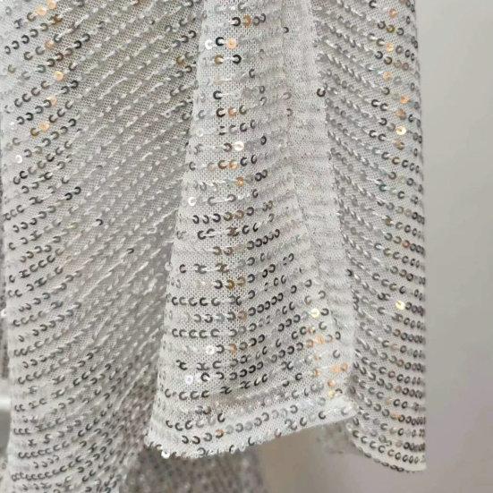 Women Prom Dress Half Split Bat Sleeve Round Neck Loose Shiny Sequin Double-layered Belted Tight High Waist Soft Club Party Lady Mini Dress