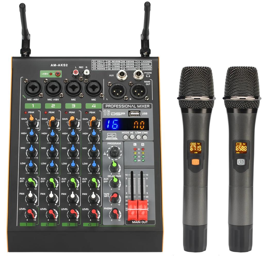 4 Channel Mixing Console with 2 UHF Wireless Microphone Bluetooth 16 DSP USB Computer Record PC Sound Audio Mixer AM-AKS2