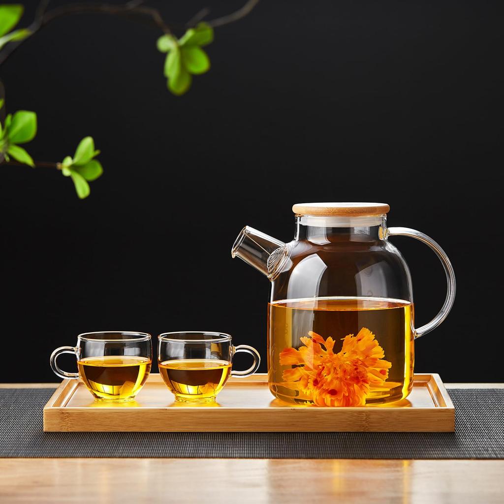 Pokaro Tea Glass Glass Large Direct Fire Bamboo Cylindrical Glass Black Green Fruit Leaf Comes with Tea Back Kettle, Heat-Resistant Teapot, Teapot,