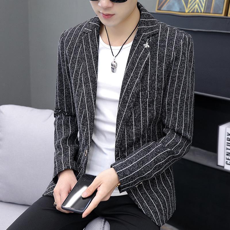 Весенне-осенний полосатый костюм, мужской молодежный приталенный маленький пиджак, формальный одинарный топ, куртка с длинным рукавом, деловой