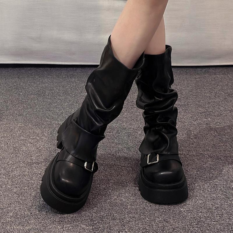 Мода 2024 года, горячая распродажа, новые женские ботинки до середины голени с круглым носком и толстым каблуком, однотонные износостойкие ботинки для женщин, Botines Mujer