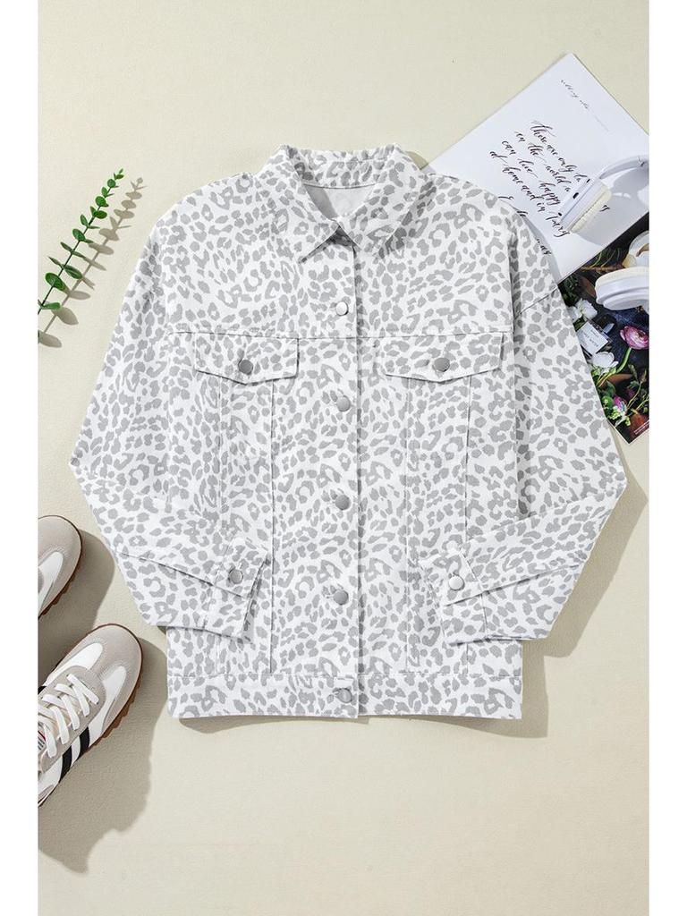 Женская джинсовая куртка Shi Ying 2025 с леопардовым принтом и отложным воротником - Модная европейская и американская зимняя верхняя одежда.