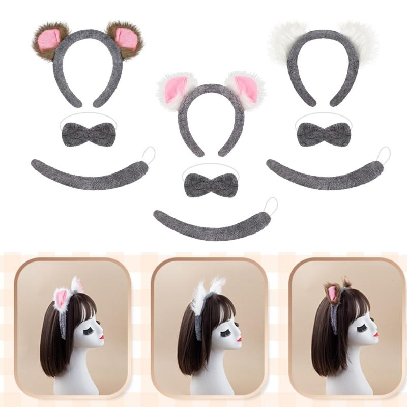 Koala Costume Accessories Set Koala Ears Headband Tail Bowtie Animal Fancy Dress Costume for Halloween Cosplay Party
