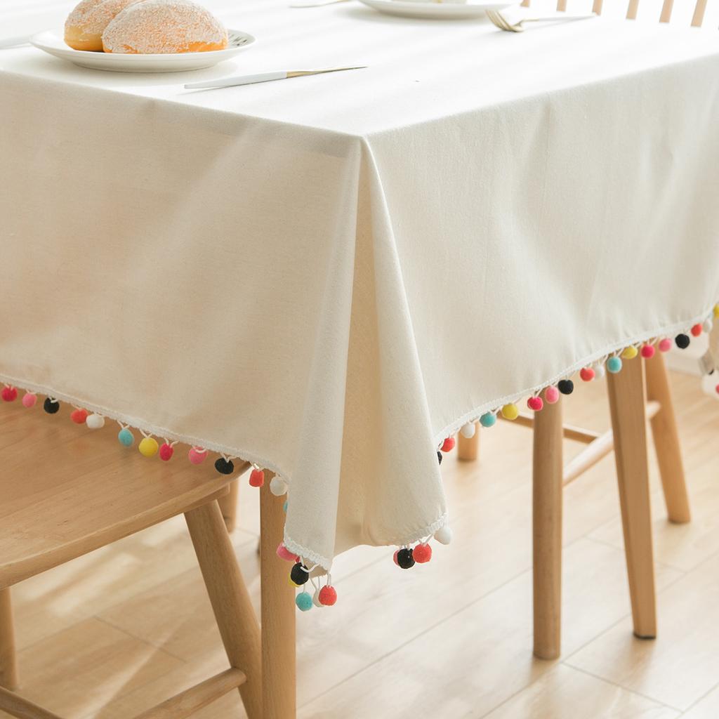 Tablecloth Colored Hairball Natural Plain Cotton and Linen Cover White Tablecloth Dust-proof Coffee Table Cover