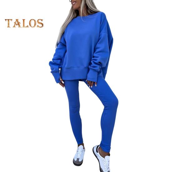 2 шт./комплект женский топ брюки костюм круглый вырез длинный рукав асимметричный подол толстовка эластичный пояс однотонные брюки зимний повседневный спортивный костюм