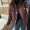 Элегантный тканый клетчатый женский пиджак с карманом плюс бархатное зимнее повседневное твидовое пальто офисный женский костюм куртка