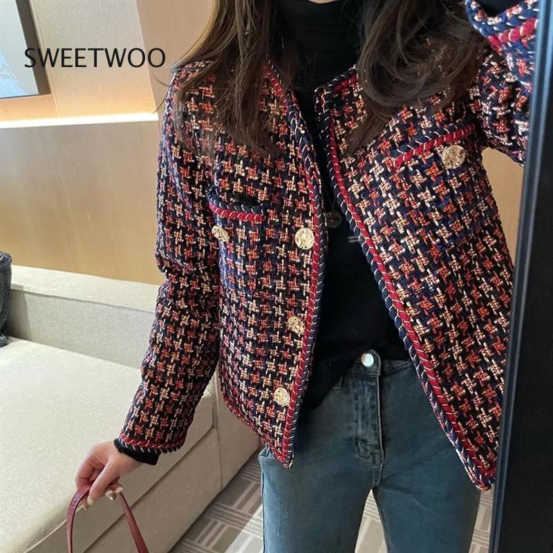 Элегантный тканый клетчатый женский пиджак с карманом плюс бархатное зимнее повседневное твидовое пальто офисный женский костюм куртка