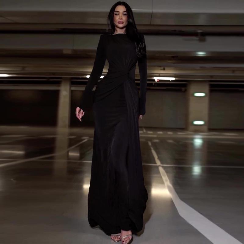 Новое сексуальное модное однотонное облегающее платье с плиссированной талией и круглым вырезом