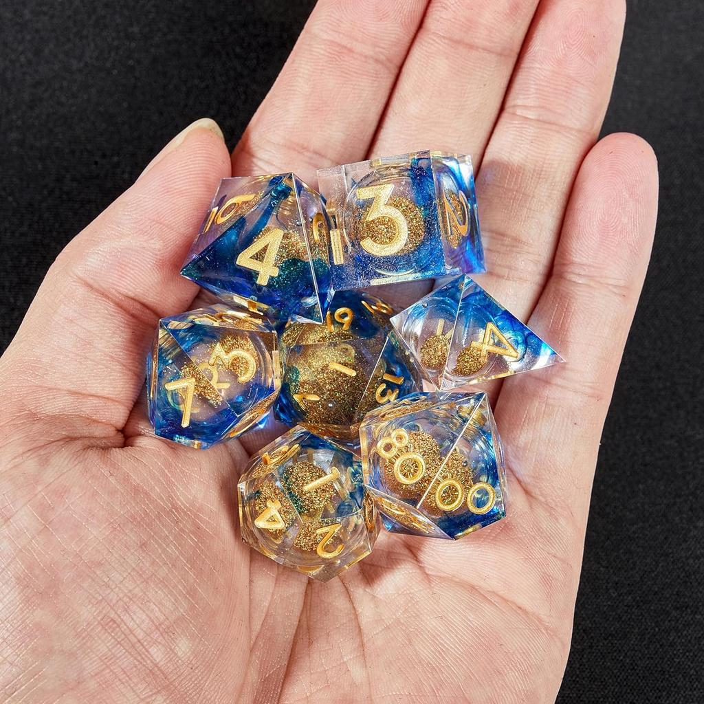 DND Dice Set Magic Rings Sharp Edge Resin Dice with Metal Box, Transparent Dice Handmade Lightning Polyhedral for RPG, MTG Dice Pathfinder Shadowrun