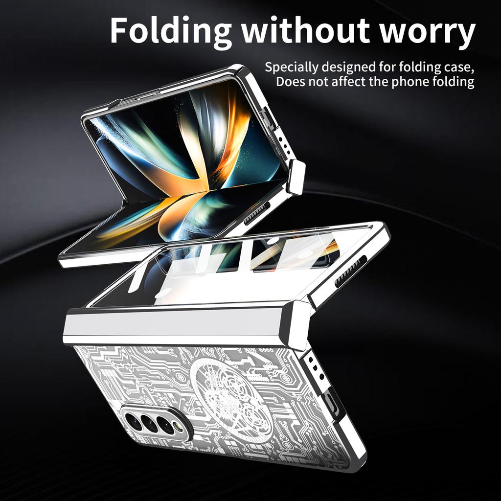 Для Samsung Galaxy Z Fold4 5G Серия Mechanical Legend Гальванизированный чехол для телефона Жесткий ПК Ударопрочная крышка с пленкой из закаленного стекла