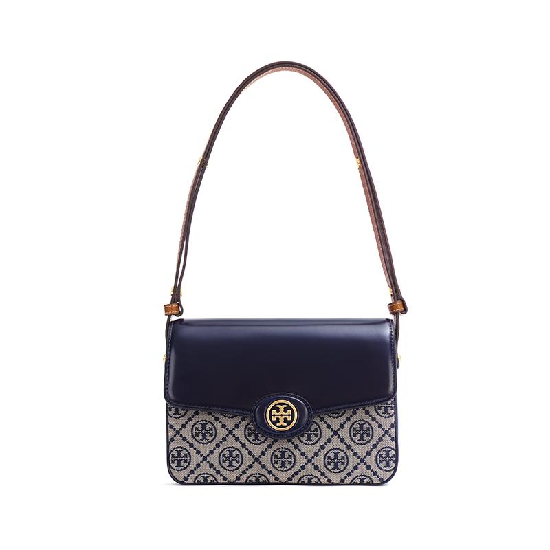 TORY BURCH Robinson Classic Double T Logo Magnetic Buckle Messenger Bag Handbag Jacquard and Leather Shoulder Bag Medium Women's Navy Blue 152306-405