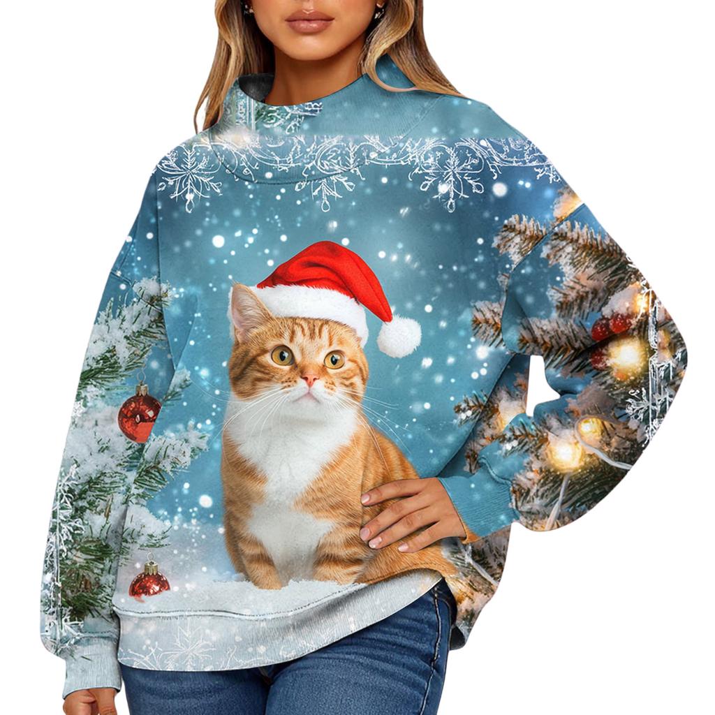 Ladies' Fashionable Christmas Printed Long Sleeved High Neck Sweatshirt Top